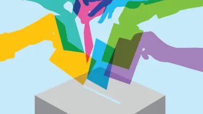 rainbow coloured hands placing ballots into a ballot box